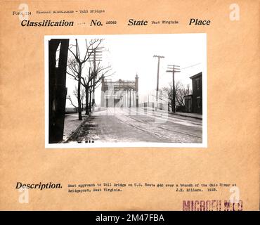 Dirigiti verso est verso il ponte a pedaggio degli Stati Uniti Route 40 a Bridgeport, West Virginia. Didascalia originale: Approccio orientale al ponte a pedaggio negli Stati Uniti Route 40 su un ramo del fiume Ohio a Bridgeport, West Virginia. J. K. Hillers. 1928. Stato: West Virginia. Foto Stock