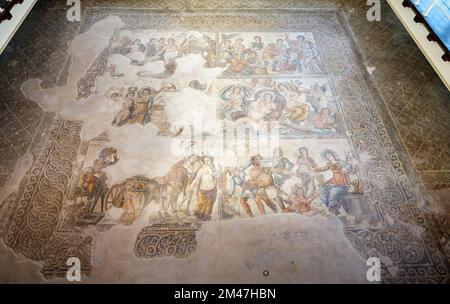PAPHOS, CIPRO - 22 NOVEMBRE: Vista generale del pavimento a mosaico della Casa di Aion al Parco Archeologico di Pafos il 22 novembre 2022 a Paphos, Cipro. Foto Stock
