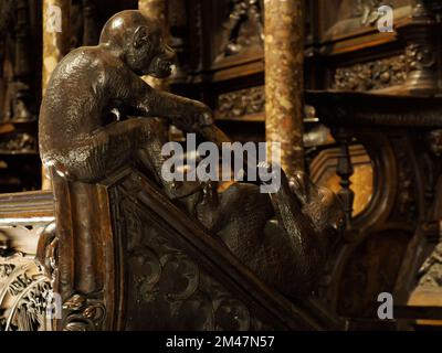 Il coro in mogano scolpito ospita sculture in legno nella Cattedrale di Toledo, Spagna dettaglio Foto Stock