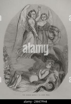 I buoni angeli e il cattivo angelo. Incisione. "Los Héroes y las Grandezas de la Tierra". Volume I. 1854. Foto Stock