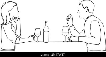 disegno continuo a linea singola di coppia seduta al tavolo da pranzo bere vino, disegno vettoriale di arte di linea Illustrazione Vettoriale