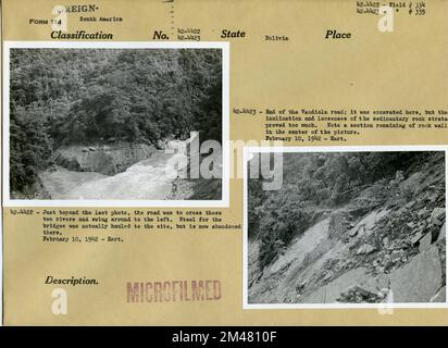 Acciaio abbandonato al sito del ponte; Sezione collassata di Vandiola Road abbandonata. Didascalia originale: 42-4422: Appena oltre l'ultima foto, la strada era quella di attraversare questi due fiumi e oscillare a sinistra. L'acciaio per i ponti è stato in realtà trasportato al sito, ma ora è abbandonato lì. 10 febbraio 1942 - Hart. Didascalia originale: 42-4423: Fine della strada della Vandiola; qui è stata scavata ma l'inclinazione e l'allentamento degli strati rocciosi sedimentari si sono rivelati troppo. Nota una sezione della parete rocciosa rimanente al centro dell'immagine. 10 febbraio 1942 - Hart. Stato: Bolivia. Foto Stock