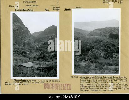 Primo piano delle Cascate di Palca; Vista del sito proposto per la strada. Didascalia originale: 42-4442: Primo piano delle Cascate di Palca - visto in lontananza nella foto #401. 23 febbraio 1942 - Hart. Didascalia originale: 42-4443: Lungo il sentiero tra Totora e POJO, dall'incrocio tra Rios Palca e Tolar, guardando verso est verso POJO, Che si trova indietro della 'V' - strada proposta scenderebbe probabilmente da Abra Lagunita (vedi mappa) - fare un giro in cima allo sperone a destra, in retromarcia a monte (retro dell'osservatore) - attraversare al punto di osservazione e proseguire lungo il pendio a sinistra. 23 febbraio 1942 - Hart. S Foto Stock