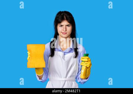 guanti donna e grembiule detergente con spugna e spruzzatore detergente Foto Stock