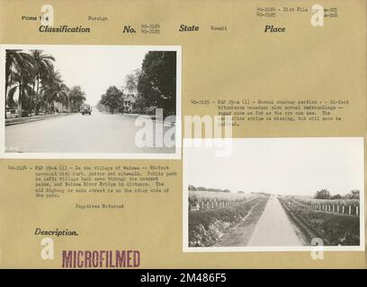 Villaggio di Waimea, sezione normale della strada. Didascalia originale: 40-2184: FAP 29-A (1) - nel villaggio di Waimea - 40 piedi di pavimentazione con marciapiede, grondaia e marciapiede. Parco pubblico sulla sinistra, riva del villaggio vista attraverso le palme da cocco, e il Waimea River Bridge in lontananza. La vecchia autostrada o la strada principale si trova sull'altro lato del parco. Didascalia originale: 40-2185: FAP 29-A (1) - sezione normale della carreggiata - macadam bituminoso di 21 piedi; anche ambiente normale - canna da zucchero per quanto l'occhio può vedere. La striscia della linea centrale è mancante, ma verrà presto dipinta. Stato: Hawaii. Foto Stock