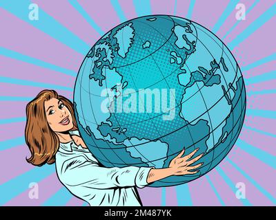 Una donna uomo d'affari tiene il pianeta terra nelle sue mani scienza ecologia umanità Illustrazione Vettoriale