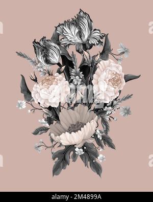 Bouquet con rose d'annata, tulipani e fiori di ohter isolato. Vettore. Illustrazione Vettoriale