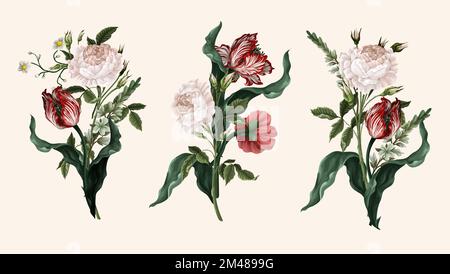 Bouquet con rose d'annata, tulipani e fiori di ohter isolato. Vettore. Illustrazione Vettoriale