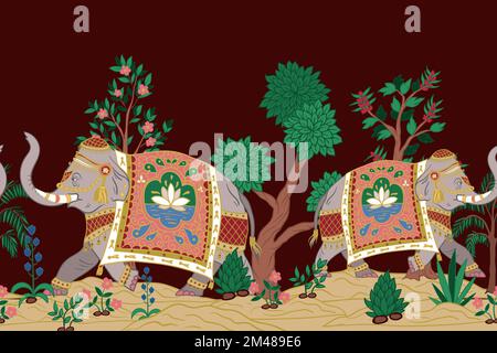 Confine con elefanti indiani ed elementi decorativi. Vettore. Illustrazione Vettoriale