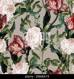 Modello senza cuciture con fiori vintage, come rose, tulipani. Vettore. Illustrazione Vettoriale