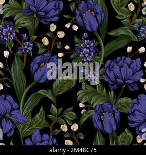 Motivo senza cuciture con peonie viola e piccoli fiori. Vettore. Illustrazione Vettoriale