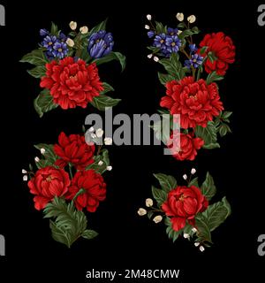 Bouquet con peonie rosse e fiori piccoli. Vettore Illustrazione Vettoriale