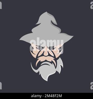 wizard warlock vecchio uomo faccia con barba cappello magico mago logo modello vector.eps 10 Illustrazione Vettoriale