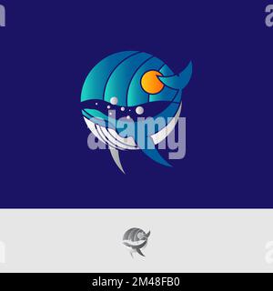 Impressionante illustrazione del logo balena blu, balena blu in design logo mare.EPS 10 Illustrazione Vettoriale