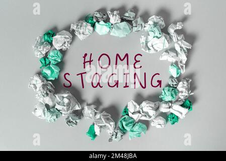 Scrittura visualizzazione testo Home Staging. Panoramica aziendale preparazione di una residenza privata in vendita sul mercato immobiliare Foto Stock