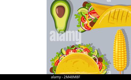 Tacos, burritos, mais e avocado. . Cucina messicana tradizionale. Illustrazione Vettoriale