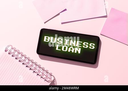 Segno di testo che mostra il prestito di affari. Foto concettuale credito ipoteca Assistenza finanziaria Cash anticipa il debito Foto Stock