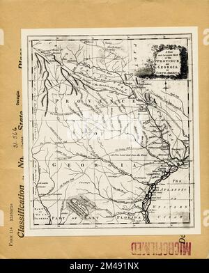 Una nuova e accurata mappa della Provincia di Georgia in Nord America. Didascalia originale: Una nuova e accurata mappa della Provincia di Georgia - Universal Magazine of Knowledge and Pleasure - p. 169 Vol. 64 Gen-June 1779. La mappa è di 12 3/4 x 10 3/4 pollici fuori dal bordo esterno. Stato: Georgia. Foto Stock