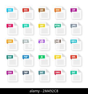 Formati file di sistema comuni. Tipi di documento ed estensioni. Collezione icone stile piatto. Pittogramma del documento, elemento dell'interfaccia utente del disegno Web, modello. Computer Illustrazione Vettoriale