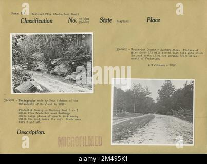 Hamburg Road, Contea di Frederick. Didascalia originale (39-4601): Fotografie realizzate da Dean Johnson dell'Università del Maryland nel 1898. Frederick County su Hamburg Road 6 o 7 miglia da Frederick vicino Amburgo. Mostra grandi pezzi di roccia di quarzo tra cui la strada fa la sua strada. Voto vicino qui 8 e 10%%. Didascalia originale (39-4602): Frederick County - Hamburg Pike. Foto del luccio circa 1/2 miglio oltre l'ultimo casello a pedaggio che è appena a nord delle sorgenti gialle 4-1/2 miglia a nord di Frederick. A. N. Johnson - 1898. Stato: Maryland. Foto Stock
