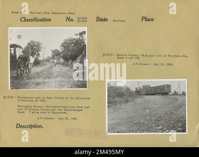 Contea di Washington e Contea di Harford. Didascalia originale (39-4609): Fotografie realizzate da Dean Johnson dell'Università del Maryland nel 1898. Contea di Washington - Baltimora-Cumberland Road appena ad ovest del ponte di Wilsons sopra il torrente Conococheague. 7 km circa a ovest di Hagerstown. A. N. Johnson - 27 luglio 1898. Didascalia originale (39-4610): Harford County - strada appena ad ovest di Watervale sta. Grado 8 e 10%%. A. N. Johnson - 15 settembre 1898. Stato: Maryland. Foto Stock