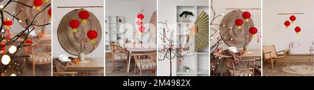 Collage di interni eleganti con splendidi arredi per la celebrazione del Capodanno cinese Foto Stock
