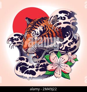 Tatuaggio Tiger con stile decorativo giapponese. Illustrazione vettoriale Illustrazione Vettoriale