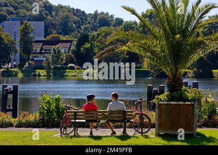 Ciclista sulla pista ciclabile della Valle della Ruhr con palme, bacino idrico, Kettwig, Essen, zona della Ruhr, Renania settentrionale-Vestfalia, Germania Foto Stock