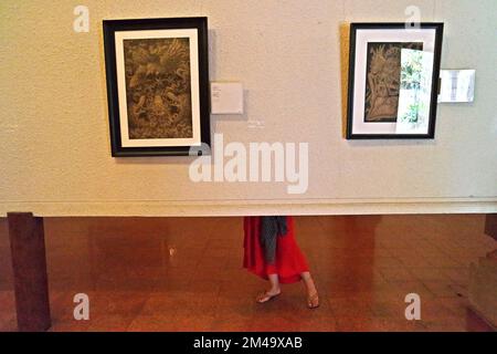 Una donna visitata viene fotografata da dietro una parete di esposizione portatile mentre si sta levando in piedi per prestare attenzione ai dipinti al Museo Puri Lukisan (museo del palazzo dei dipinti) a Ubud, Gianyar, Bali, Indonesia. Foto Stock