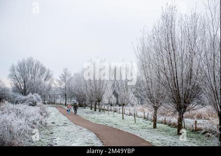 Breda, Paesi Bassi. 18th Dec, 2022. Una coppia è vista camminare attraverso un paesaggio bianco. A causa delle temperature molto basse (circa -11 gradi Celsius durante le notti) questo fine settimana, alcune parti del sud del paese sono svanite con spettacolari paesaggi bianchi. Credit: SOPA Images Limited/Alamy Live News Foto Stock