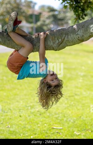 ragazzo di 8 anni che si arrampica su un albero alto nel parco. Superare la paura delle altezze. Buona infanzia. Capretto che cerca di arrampicarsi sull'albero. Foto Stock