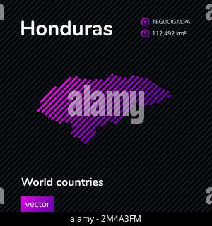 Vettore creativo digitale neon piatto astratto semplice mappa di Honduras con viola, viola, rosa a righe texture su sfondo nero. Banner didattico, p Illustrazione Vettoriale