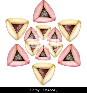 Purim vacanza hamantaschen biscotti in stella di david forma acquerello illustrazione del tradizionale cibo ebraico vacanza Foto Stock