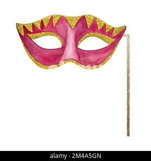 Acquerello rosso oro veneziano maschera carnevale su bastone. Disegno a mano Purim o Mardi Gras isolato su sfondo bianco Foto Stock