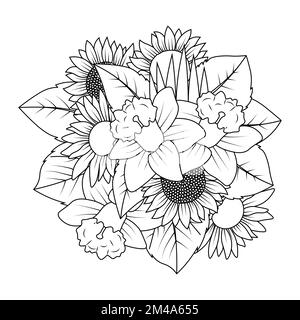 fiore di girasole e daffodil fiore contorno vettore di doodle stile linea arte colorazione pagina design Illustrazione Vettoriale