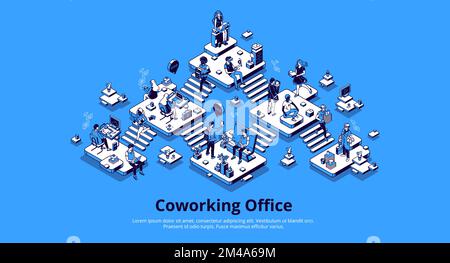 Landing page isometrica dell'ufficio di coworking. Business center interno, area di lavoro con persone che lavorano su computer, gadget e relax. Area per lavoro di squadra, illustrazione vettoriale 3D freelance, line art, banner web Illustrazione Vettoriale