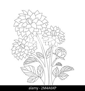 dahlia illustrazione floreale con tratto a matita in doodle disegno d'arte di colorazione pagina disegno Illustrazione Vettoriale