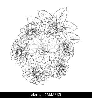 dahlia illustrazione floreale con tratto a matita in doodle disegno d'arte di colorazione pagina disegno Illustrazione Vettoriale