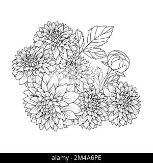 dahlia illustrazione floreale con tratto a matita in doodle disegno d'arte di colorazione pagina disegno Illustrazione Vettoriale