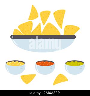Tortilla chip in cartoon stile piatto. Illustrazione vettoriale disegnata a mano di tortillas nachos, cibo messicano Illustrazione Vettoriale