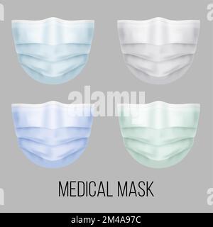 Set di maschere mediche Illustrazione realistica. Maschere respiratorie colorate. Protezione contro virus e malattie. L'ospedale protegge il viso M. Illustrazione Vettoriale
