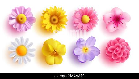 Fiori primaverili set disegno vettoriale. Collezione di fiori primaverili come il daffodil, il fiore del sole, il coccio, la margherite, la peonia e il crisantemo freschi e fiorenti Illustrazione Vettoriale