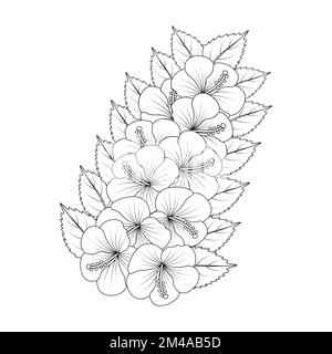 hibiscus flower coloring page illustration con linea art tratto di bianco e nero disegnato a mano Illustrazione Vettoriale