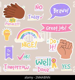 Lavoro e grande lavoro groovy adesivi pack. Set di adesivi premio per insegnanti e bambini. Illustrazione vettoriale disegnata a mano Illustrazione Vettoriale