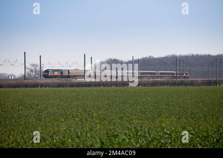 Arriva Grand Central treno ad alta velocità (Intercity 125) passando Northallerton sulla costa orientale linea principale con auto elettriche 43465 + 43480 (nr) Foto Stock