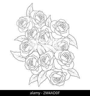 Bouquet disegnato a mano con rose. Disegno per libro da colorare antistress per adulti in stile zen-groviglio. Illustrazione vettoriale per la pagina da colorare Illustrazione Vettoriale