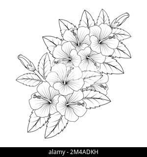 hibiscus flower coloring page illustration con linea art tratto di bianco e nero disegnato a mano Illustrazione Vettoriale