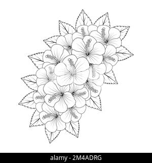 hibiscus flower coloring page illustration con linea art tratto di bianco e nero disegnato a mano Illustrazione Vettoriale