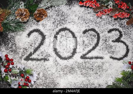 Nuovo anno 2023 testo scritto in neve con decorazione di albero di natale, coni di abete e frutti di bosco con fiocchi di neve Foto Stock