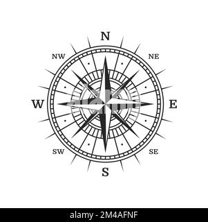 Vecchia bussola, mappa vintage vento rosa. Segnale marittimo vettoriale, simbolo nautico. Stella all'interno del cerchio con le direzioni nord, sud, est o ovest. Emblema bianco e nero, orientamento in mare e oceano Illustrazione Vettoriale